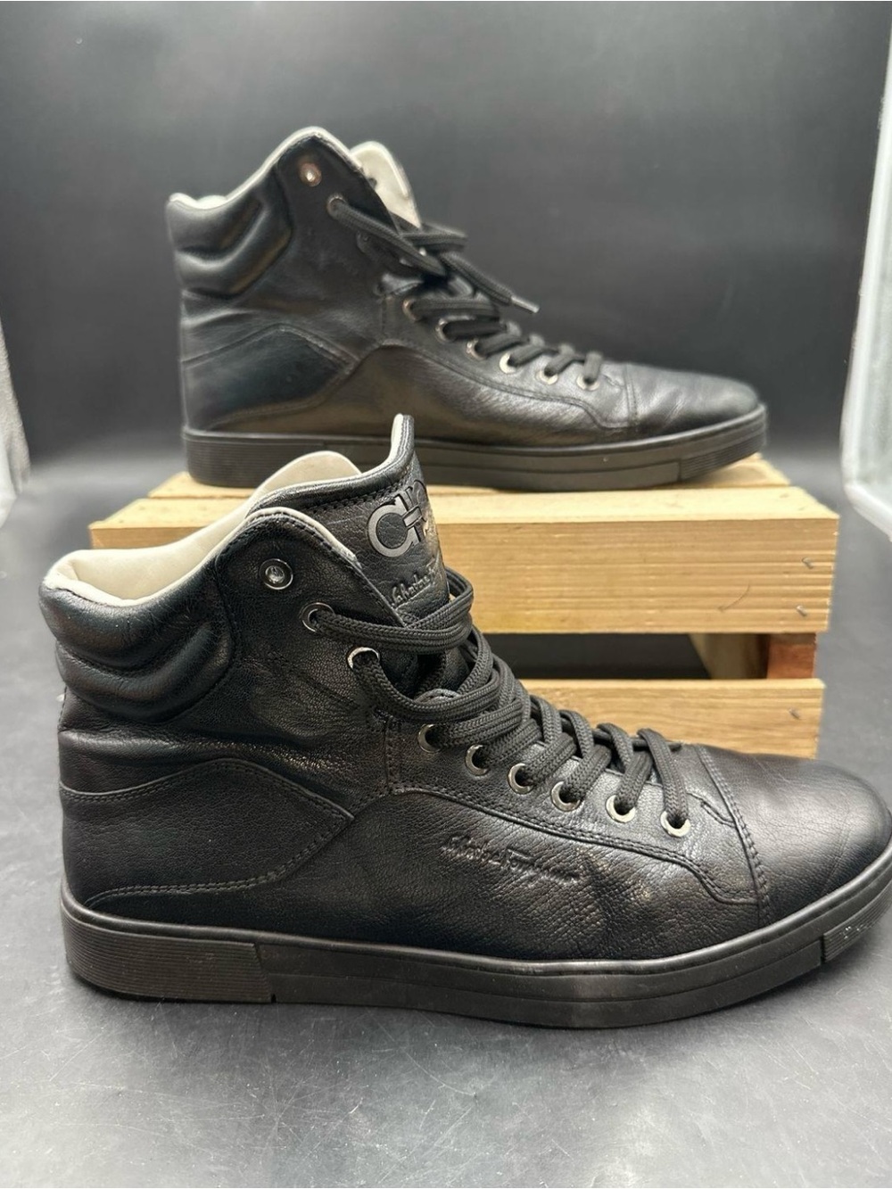 Salvatore Ferragamo Black Leather High-Top Sneakers